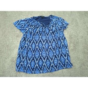 Talbots Blouse Womens 1X PLUS Blue Ikat Print ShortSleeve Tie Neck Chiffon Lined